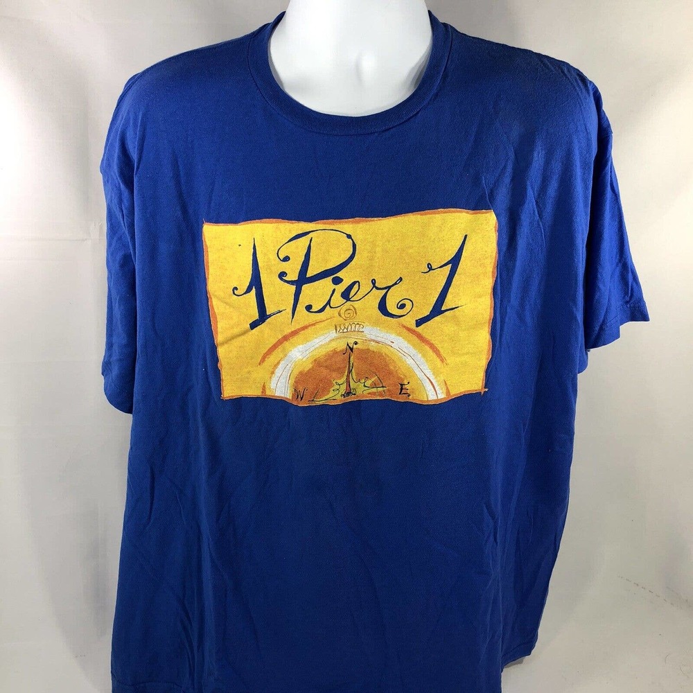 1 Pier 1 Blue Short Sleeve T Shirt Size 2XL XXL Graphic Logo Tee Has Spots